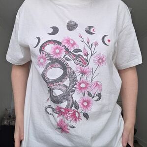 White T-Shirt with Snake and Floral Design